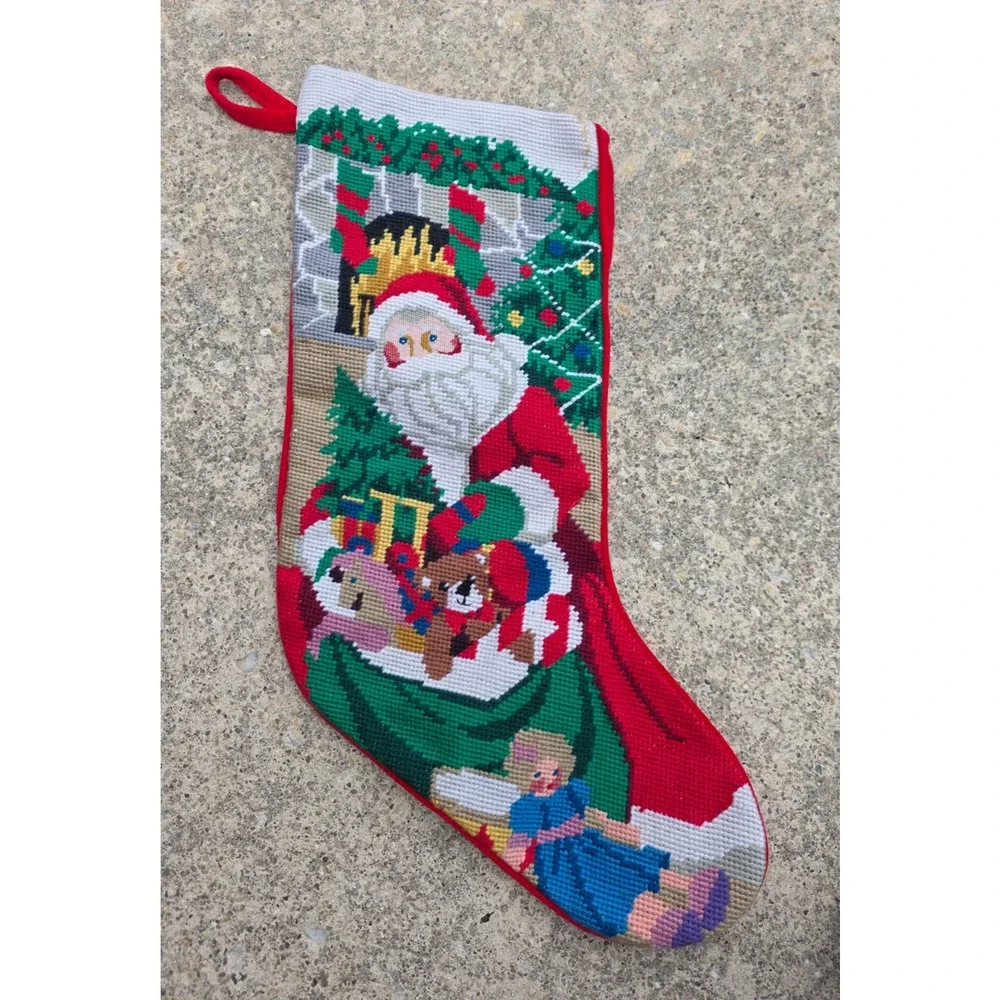 Vintage Needlepoint Christmas Stocking Santa Claus Toys 21” Holiday Velvet
